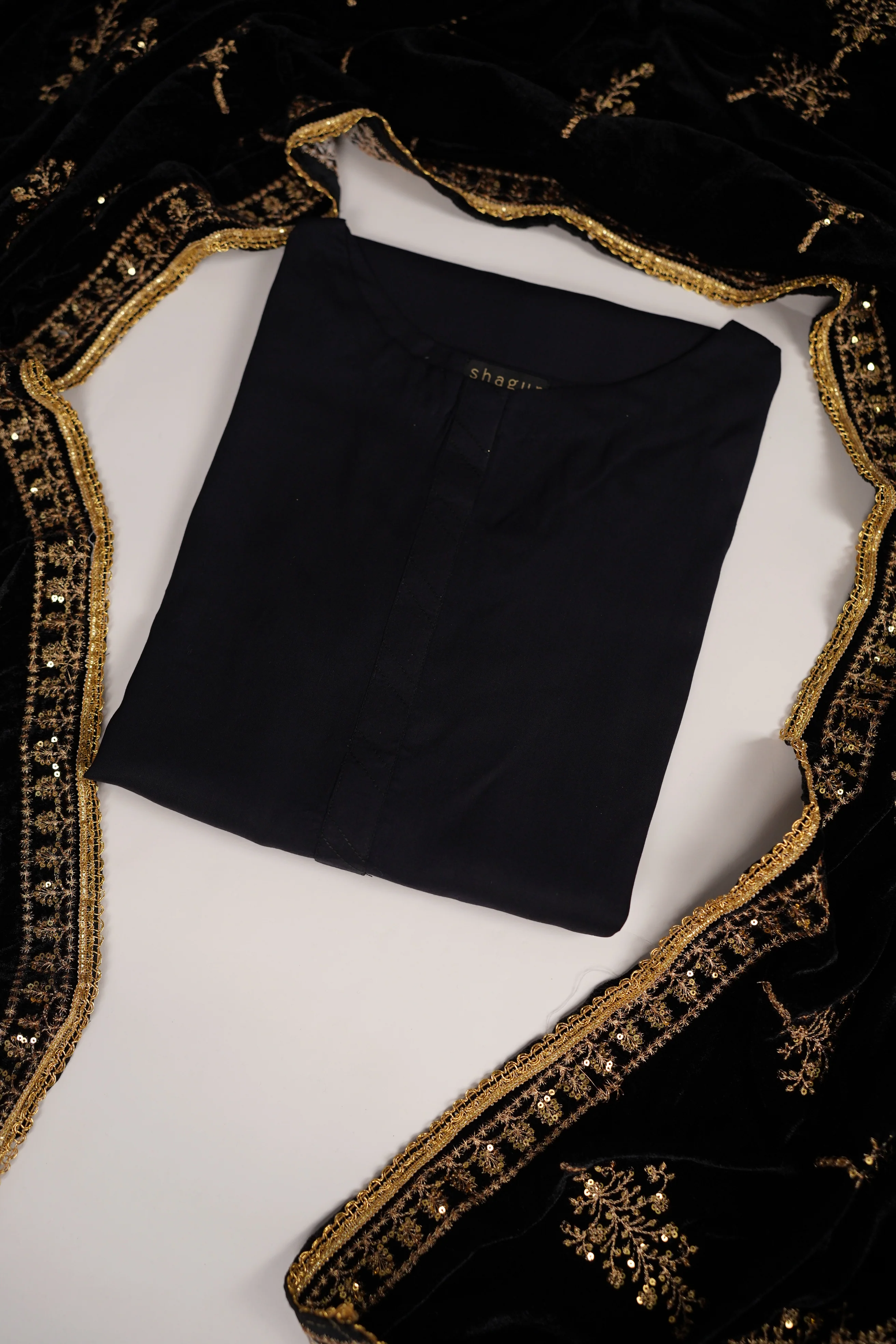 Shagun Linen Collection With Velvet Shawl YT-02 (Black)